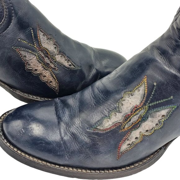 Vintage 1970s CUTTER BILL Cowgirl Boots 6B Navy Rainbow Leather Butterfly Cowboy - Picture 2 of 16
